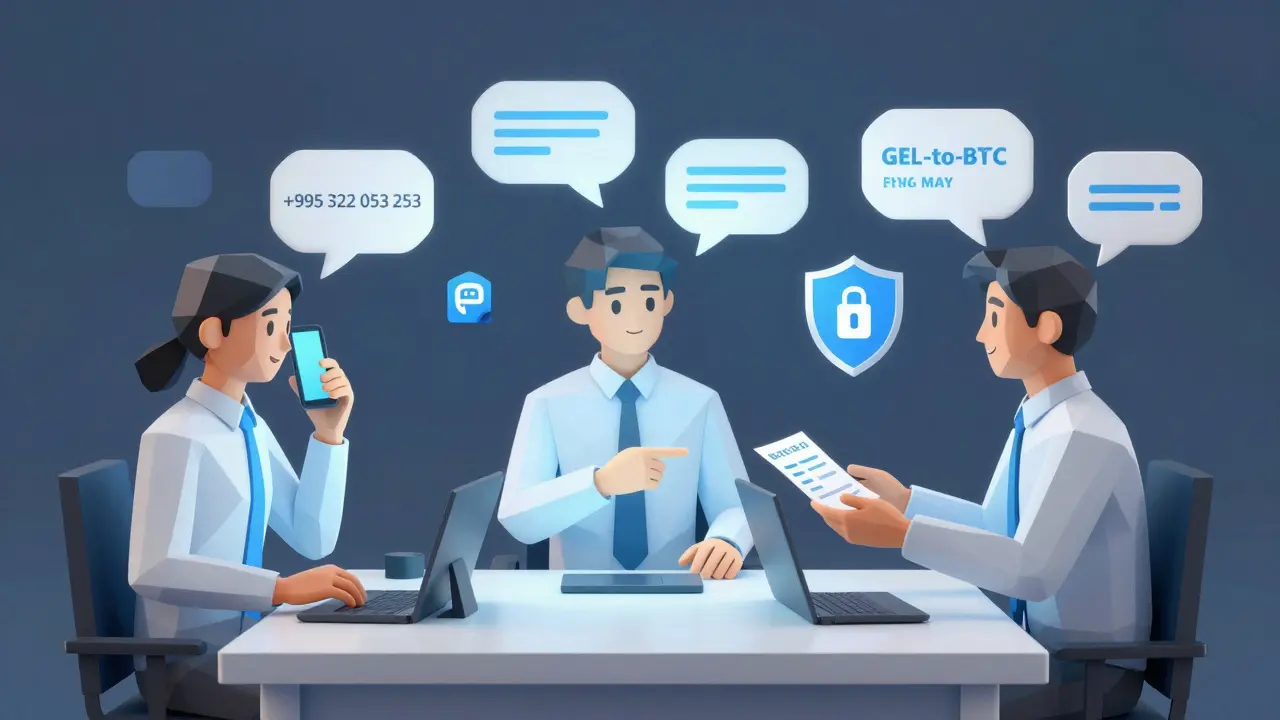 Support team in a glowing hub with phone, shield, and transaction receipt