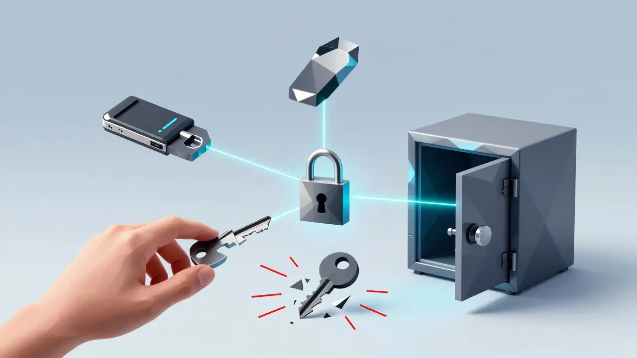 Three geometric keys forming a multisig security system, one shattered.