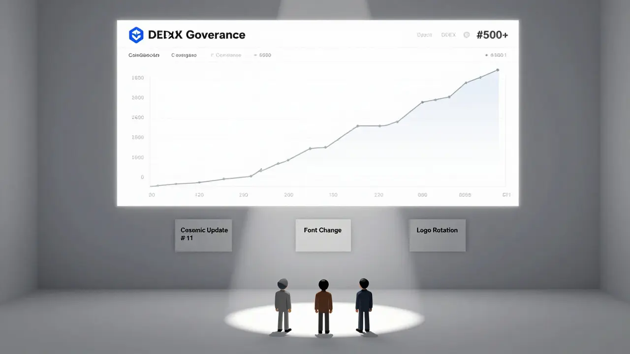 Three isolated users in a barren governance chamber with minor proposal notices
