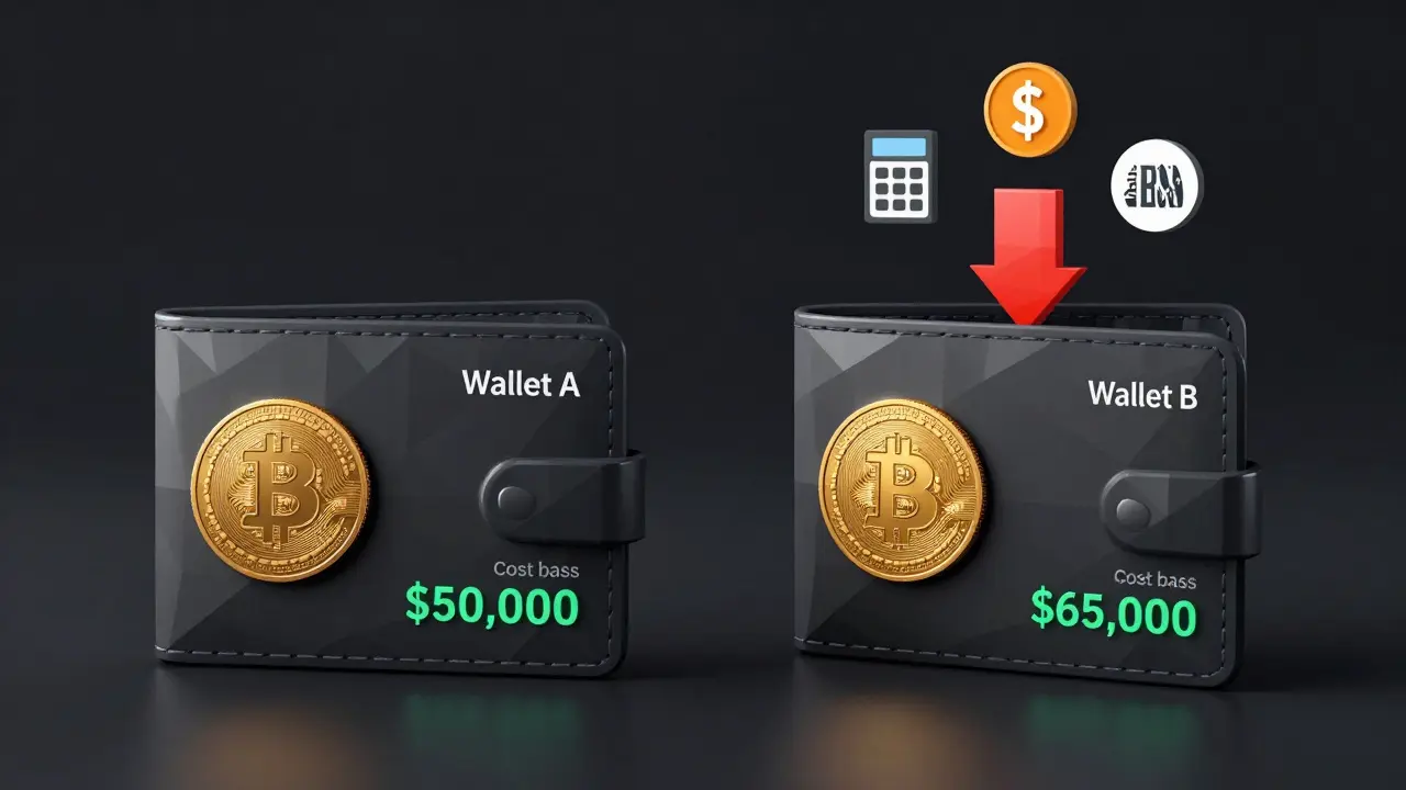 Two crypto wallets with different cost bases, one selling coins with tax symbols above in low poly design.