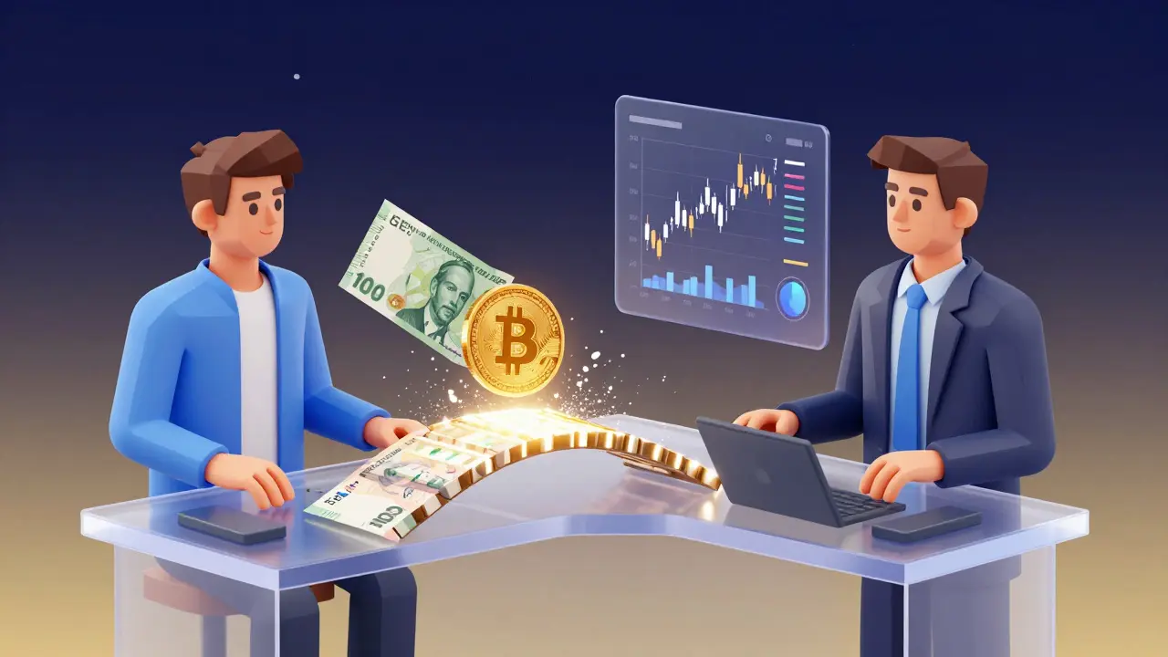 Two users trading GEL for Bitcoin on a digital desk with trading charts