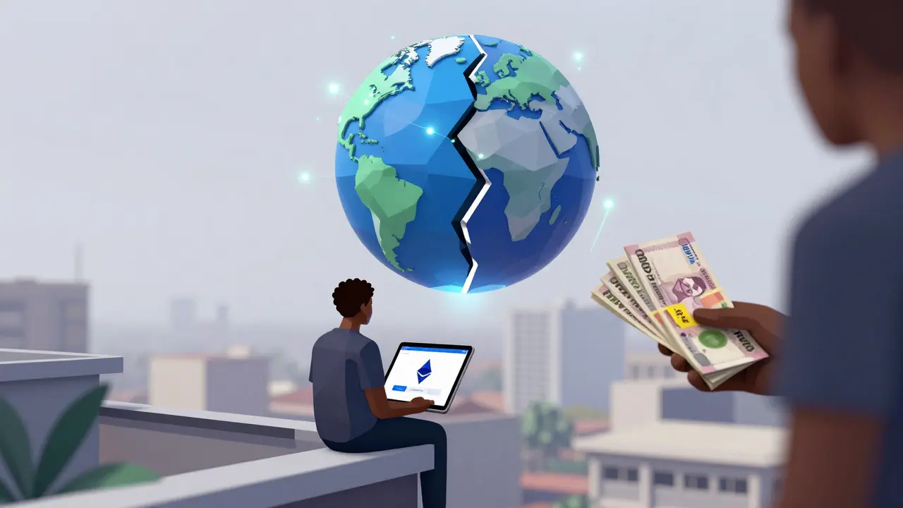 User in Lagos viewing Coinbase Wallet with Ethereum balance, while shadowy figure holds Naira cash with 8% premium label, under a split globe of compliant and blocked nations.