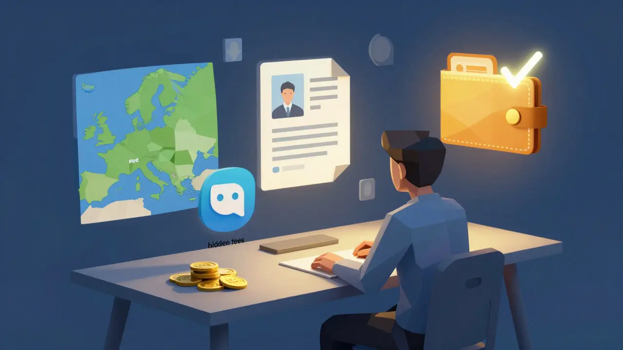 User surrounded by verification and fee icons, gazing at a secure crypto wallet in low-poly design.