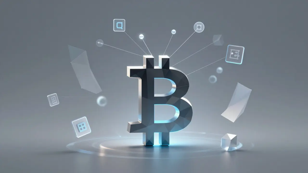 A Bitcoin symbol with multiple transaction signatures merging into one unified Schnorr signature polygon.