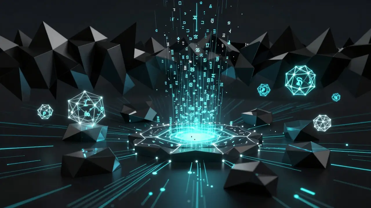 A blockchain node with thousands of validator signatures collapsing into a single BLS signature core.