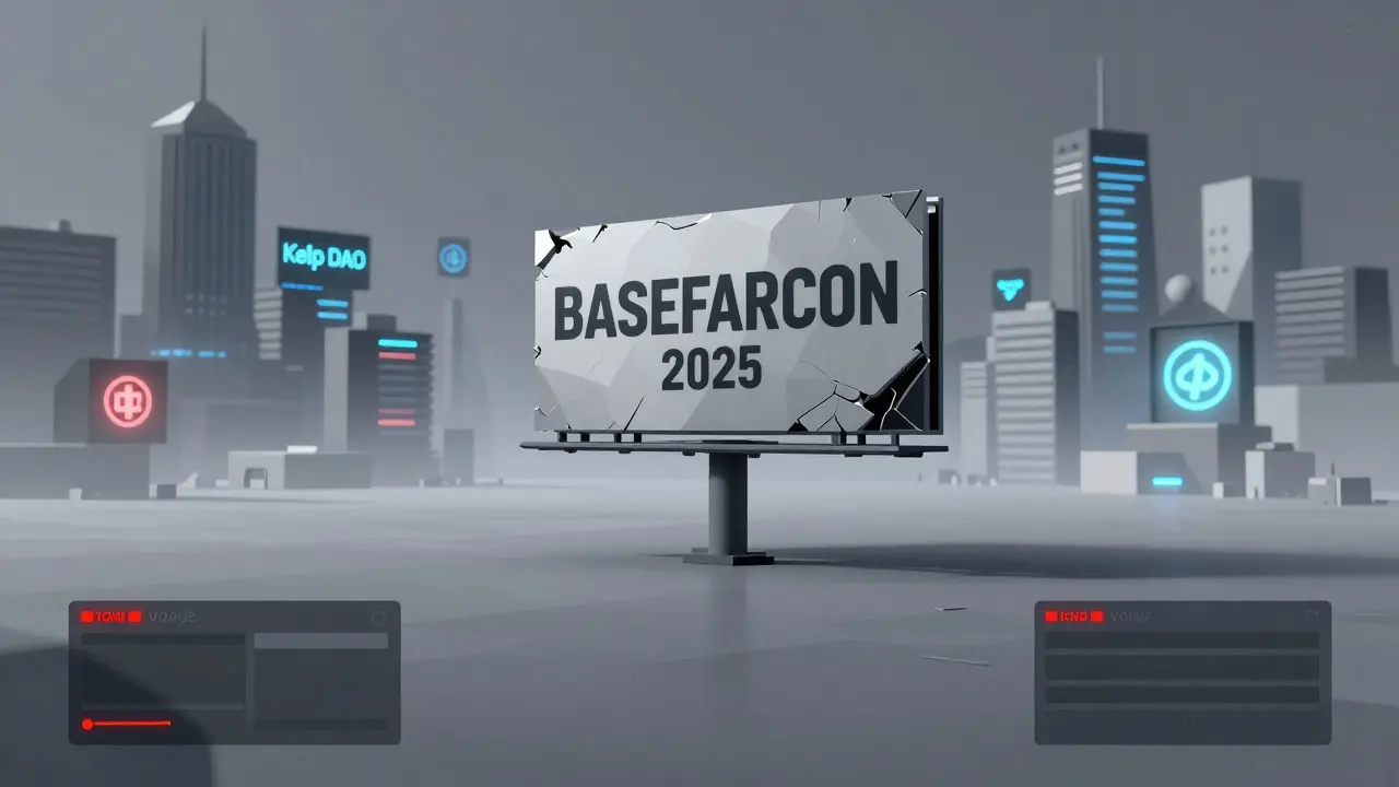 A crumbling BASEFARCON billboard in a deserted digital city, with thriving crypto projects visible in the distance.