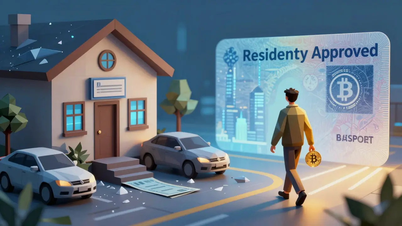 A divided scene: frozen assets in China versus a person leaving with a Bitcoin, symbolizing legal residency as the only escape.