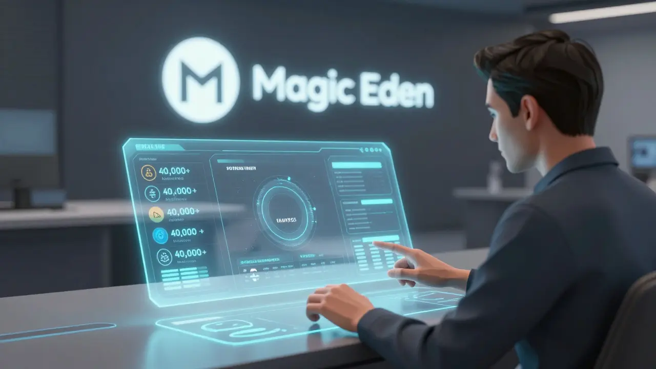 A futuristic interface showing a trader swapping hundreds of tokens across blockchains with no manual controls.