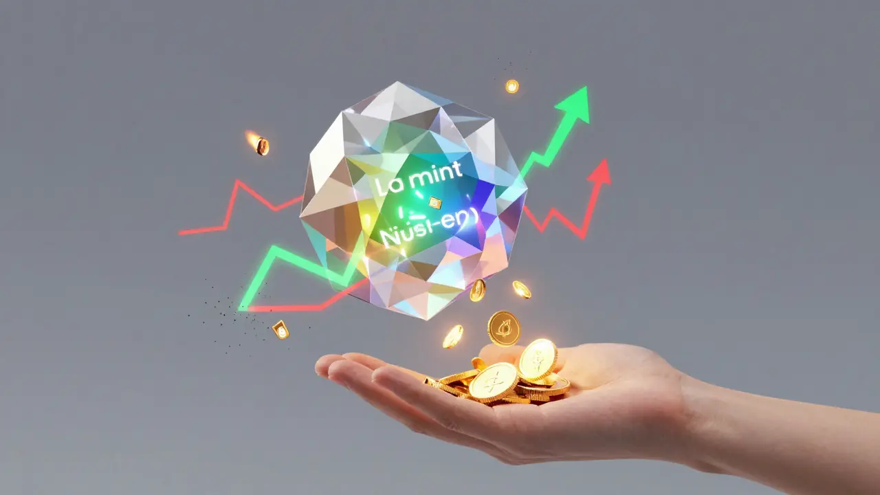 A pulsing crystal core with supply-demand indicators and burning tokens, representing smart mining and automatic burns.