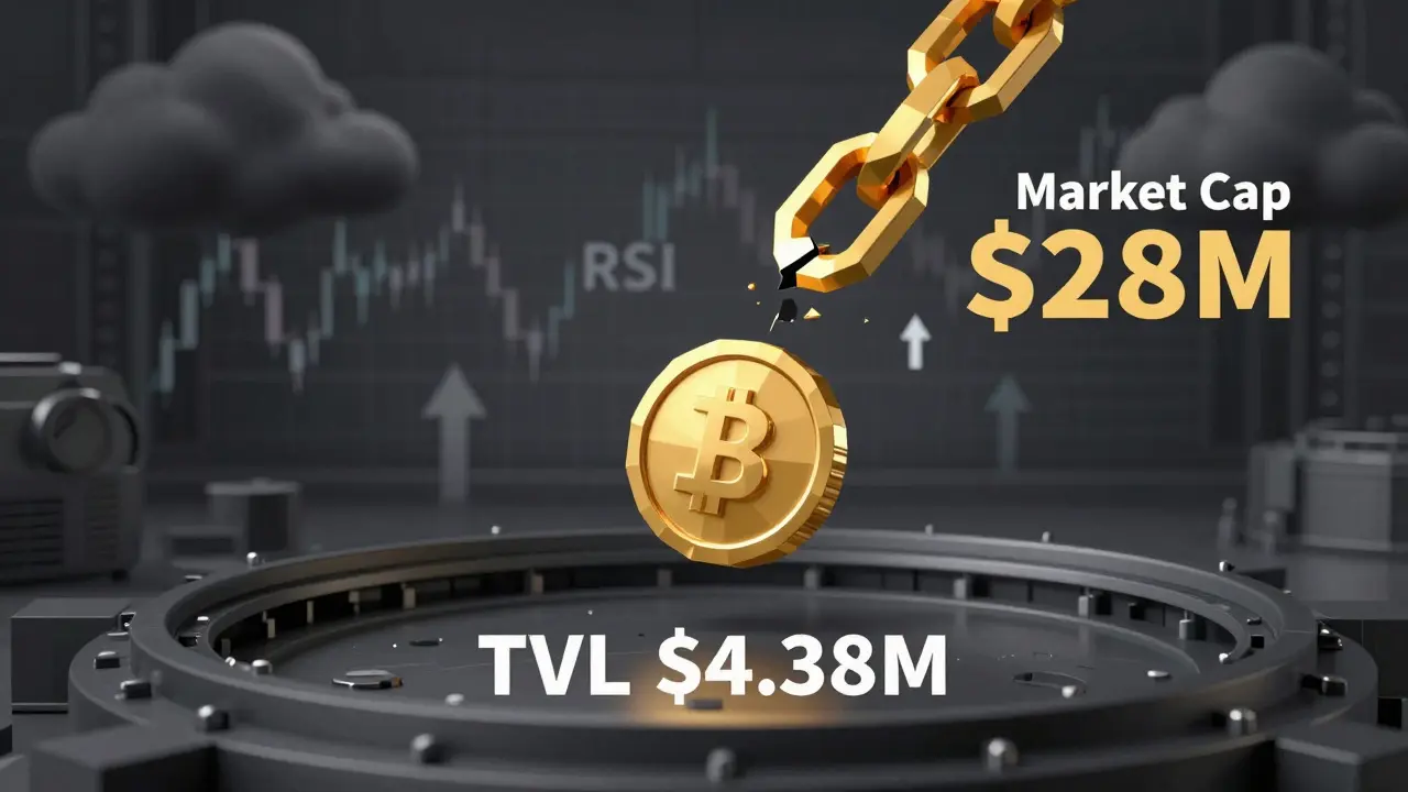 A small PNG token above an empty vault, with a much larger market cap chain hanging overhead in abstract geometry.