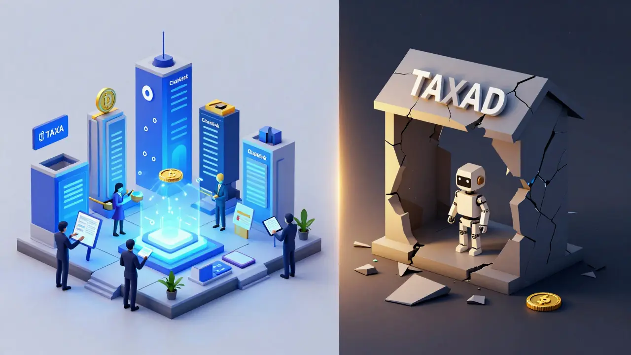 A split scene showing a thriving crypto ecosystem on one side and a collapsed, hollow structure labeled TAXAD on the other.