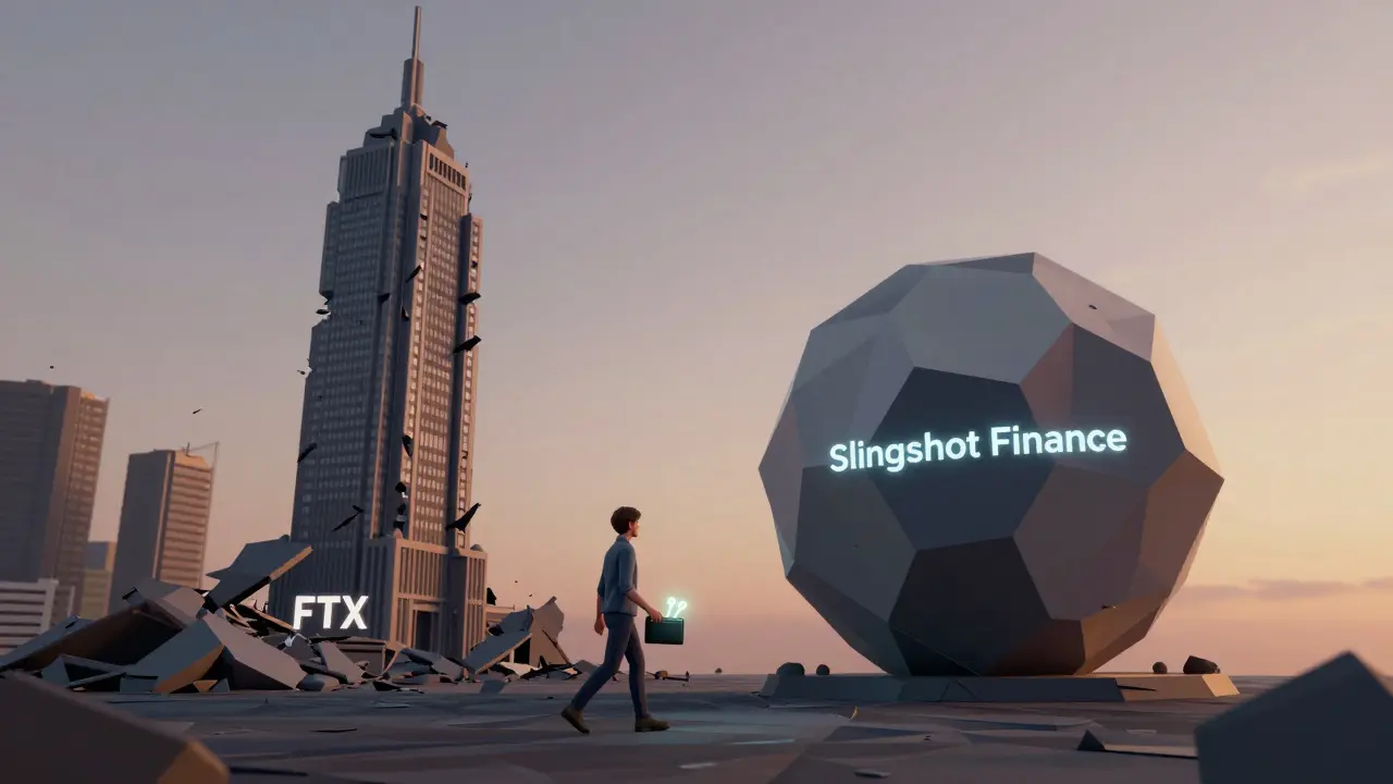 A symbolic contrast between the collapse of a centralized exchange and the rise of a decentralized alternative.