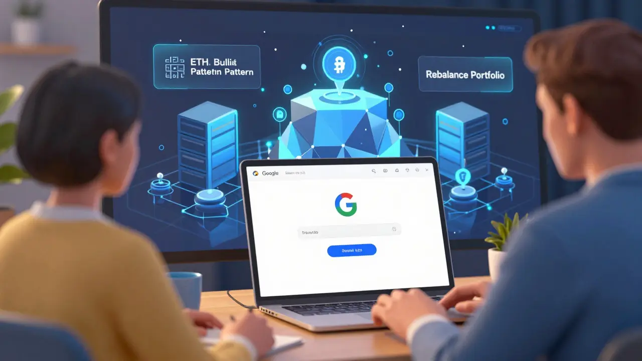 A user logging in via Google while behind them, a blockchain network and AI trading signals operate seamlessly.