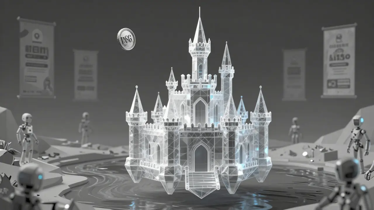 An empty metaverse castle floats above a silent blockchain river with a single spinning DSG token.