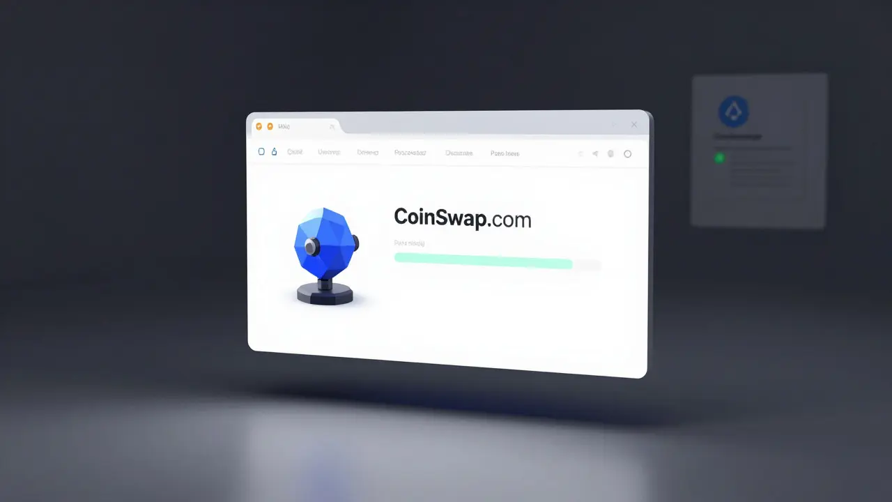 An isolated web browser showing CoinSwap.com interface beside a rotating supernode NFT, with other DEXs fading in background.