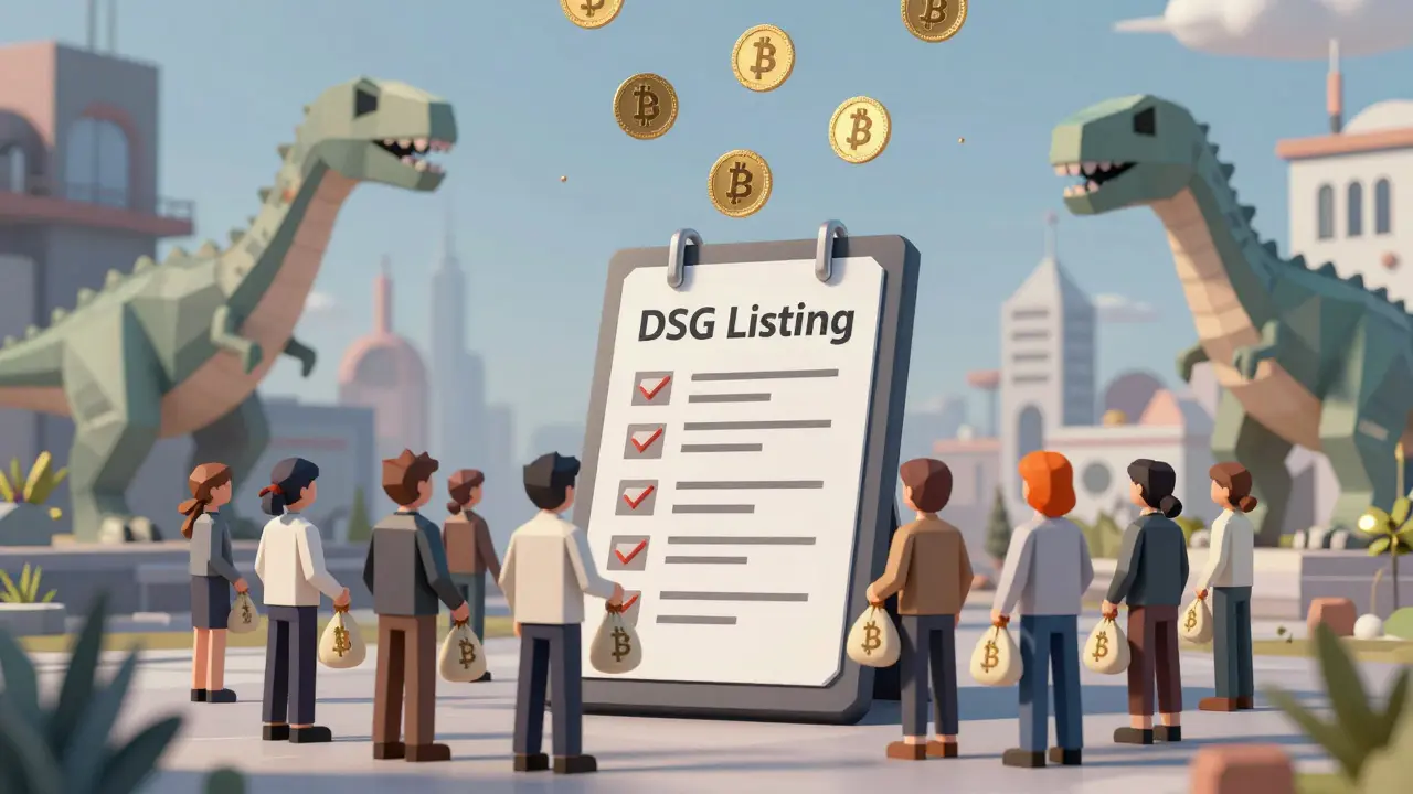 Avatars vote with USDT bags as DSG tokens drift into empty wallets in a surreal digital landscape.