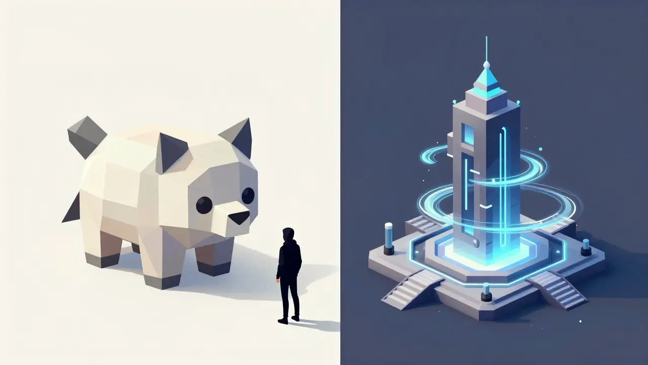 Contrasting low-poly structures of Pangolin and Trisolaris DEX platforms, with a user contemplating the difference.