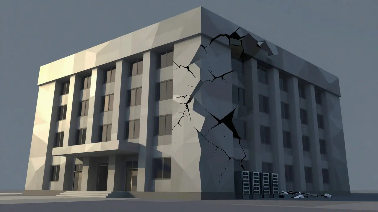 Crumbling exchange building showing structural decline in low poly