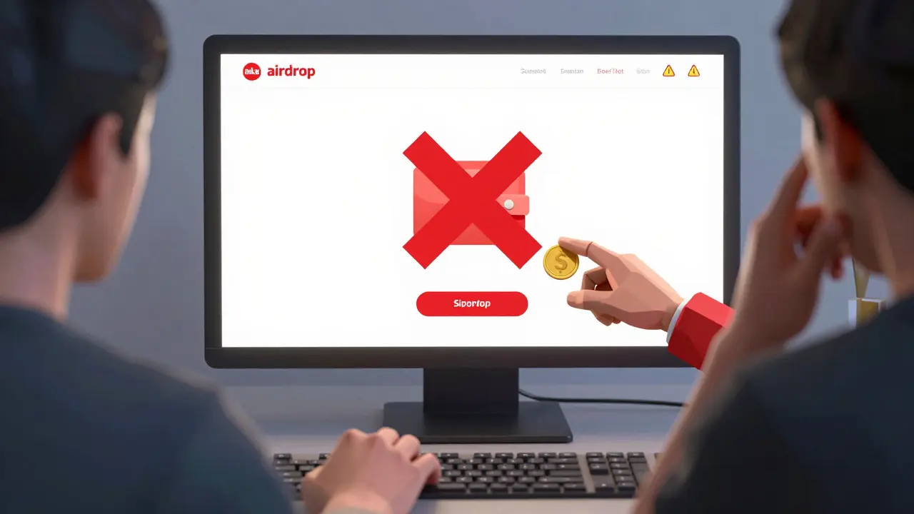Fake airdrop site warning with red cross on wallet icon.