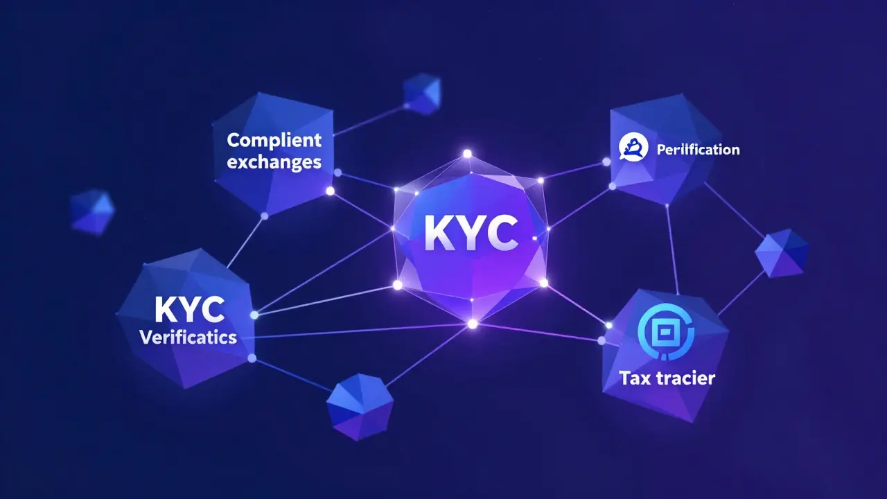 Futuristic network of compliant crypto exchanges with KYC and tax nodes.