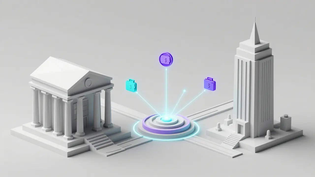 Institutional finance structures linked by SOLO-powered pathways in minimalist 3D style.