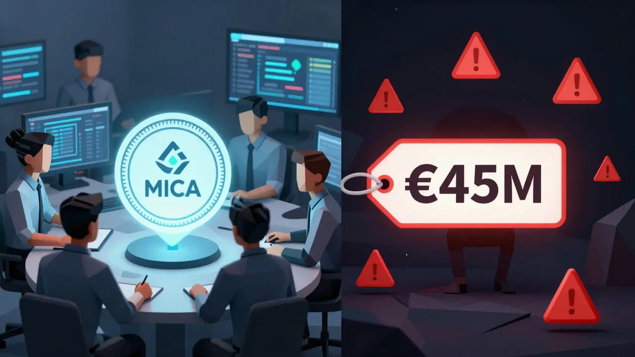 Licensed crypto firm beside a fragmented DeFi protocol with warning symbols.