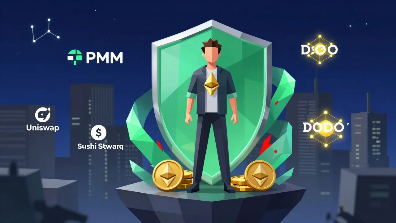 Liquidity provider protected by PMM algorithm while DeFi competitors fade in gray.