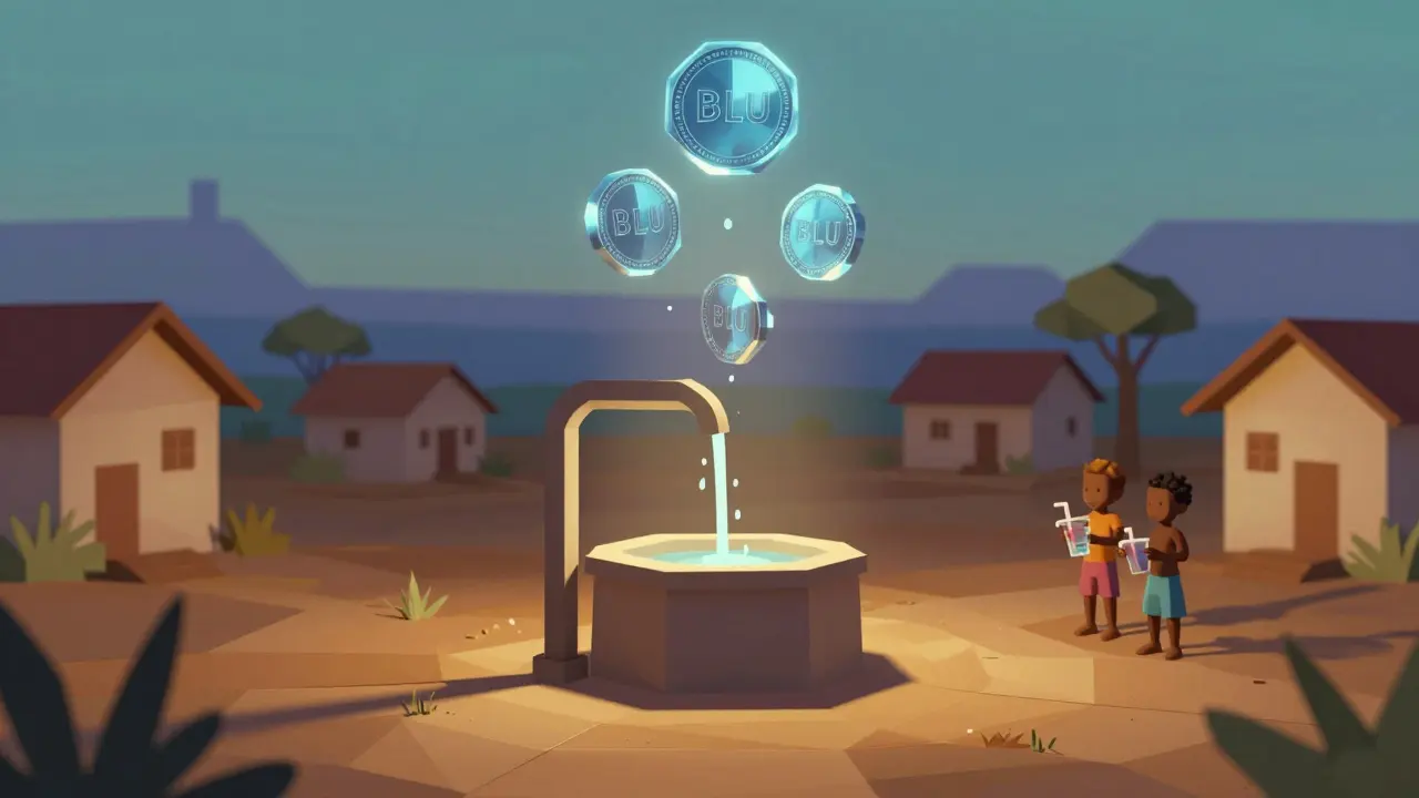 Low-poly African village with a glowing water well and floating BlueCoin tokens above it, symbolizing charity impact.