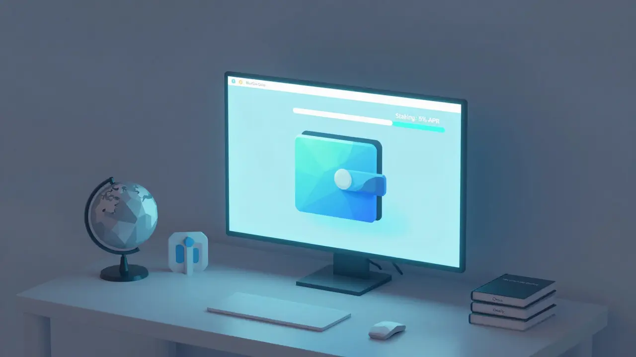 Minimalist low-poly desktop with BlueCoin wallet staking interface and symbolic objects representing ethics and decentralization.
