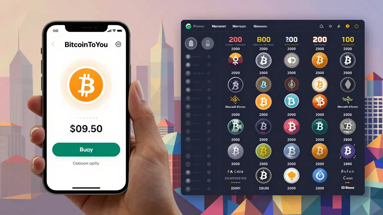 Side-by-side comparison of BitcoinToYou's simple app interface versus a crowded crypto platform with many coins.