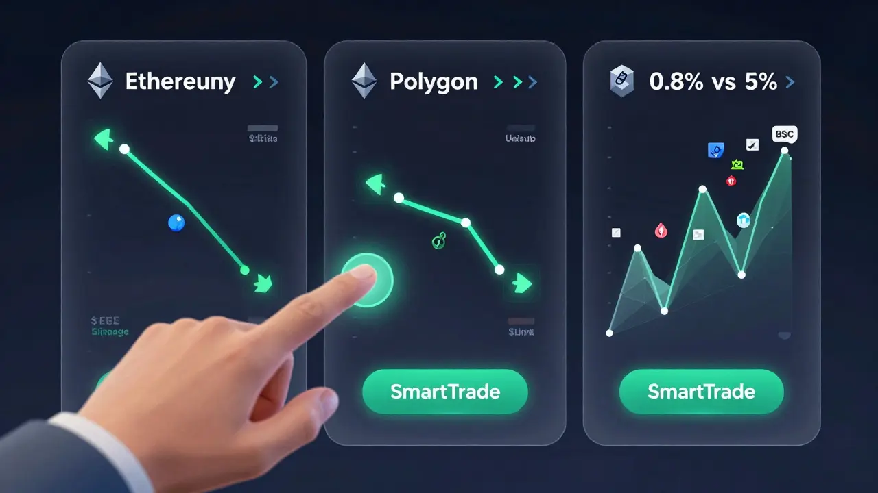 SmartTrade routing trades across blockchains with slippage comparison in geometric lines.