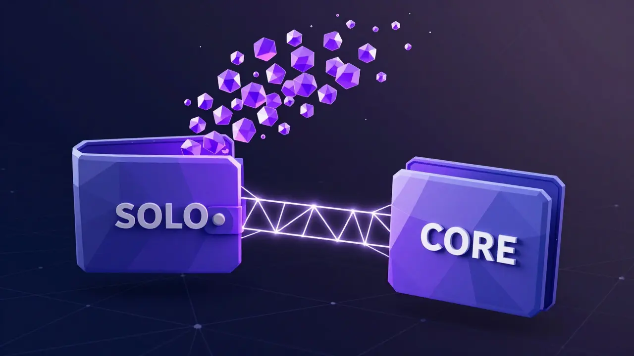 SOLO wallet connecting to CORE tokens via a geometric bridge in abstract low-poly design.