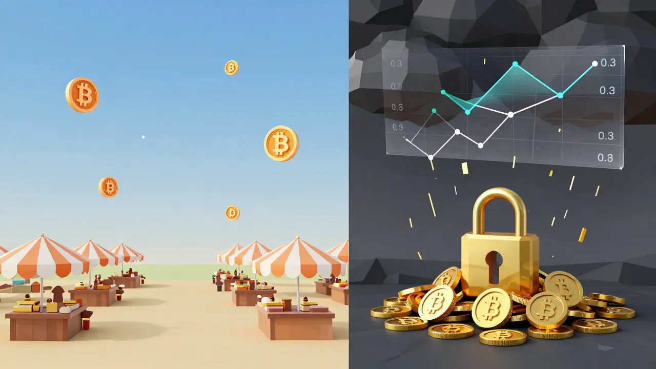 Split scene: calm crypto assets drifting apart versus storm-driven unity, showing how market stress increases correlation.