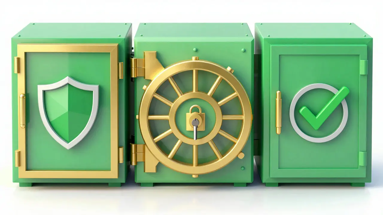 Three secure vaults with security symbols in low poly style