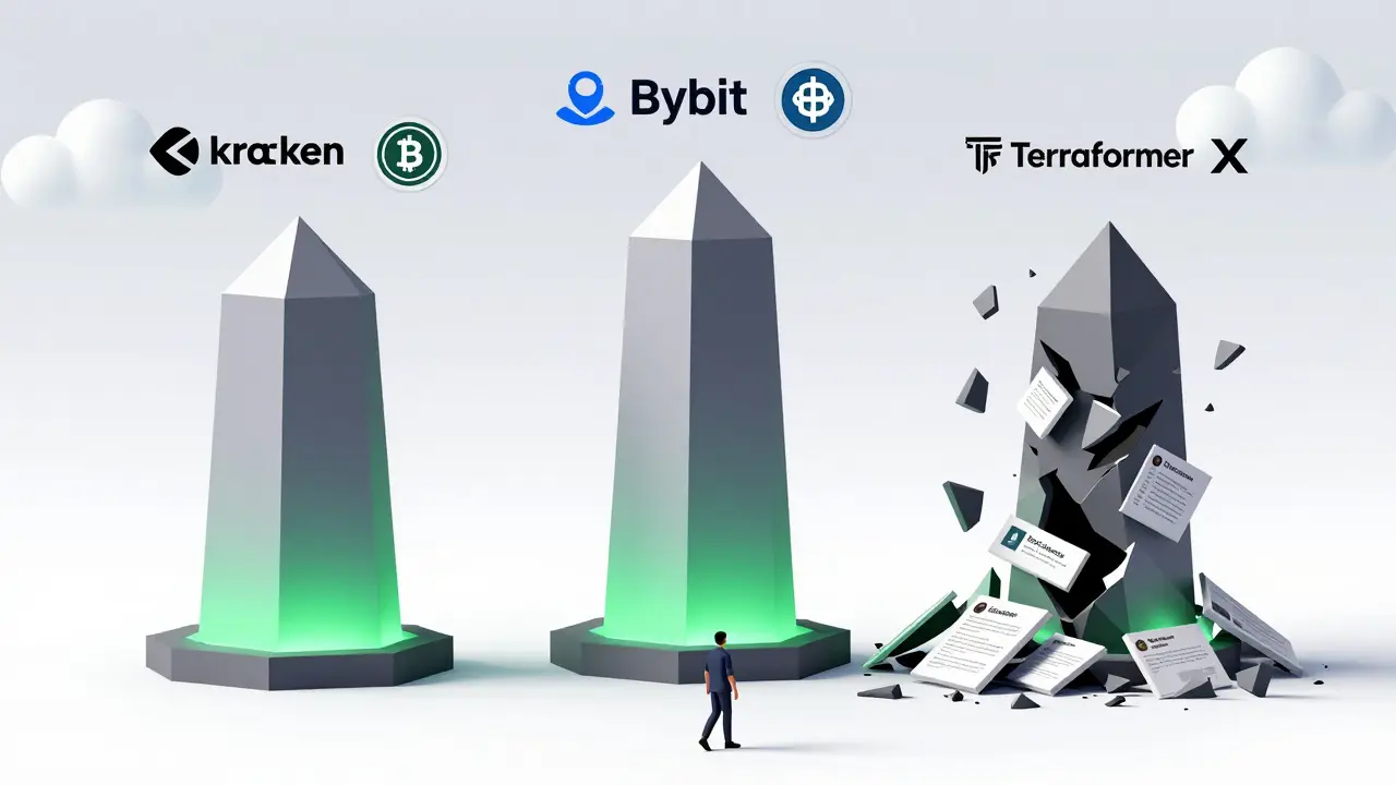 Three stable crypto exchange towers beside a collapsing Terraformer tower, with regulatory badges glowing above.