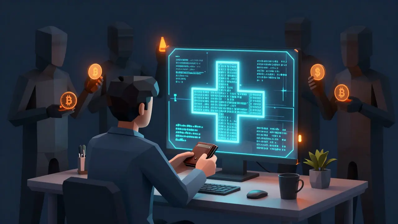 User connecting wallet to a malicious medical-themed crypto scam portal in low poly style.