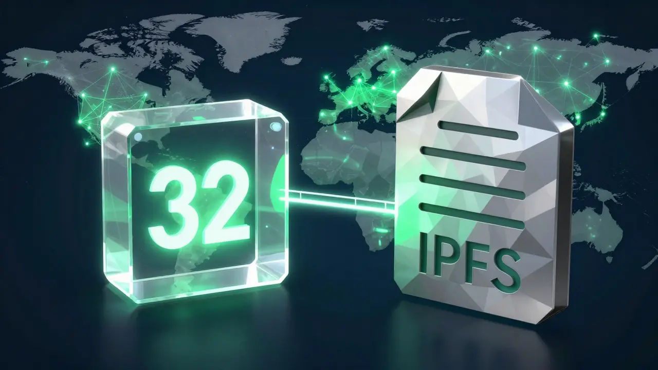 A blockchain block with a 32-byte hash connected via glowing bridge to an off-chain file stored on IPFS in low-poly design.