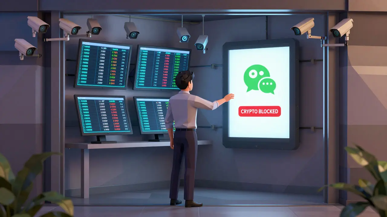 A business owner facing a blocked crypto payment screen in a Shanghai shop with surveillance cameras watching.