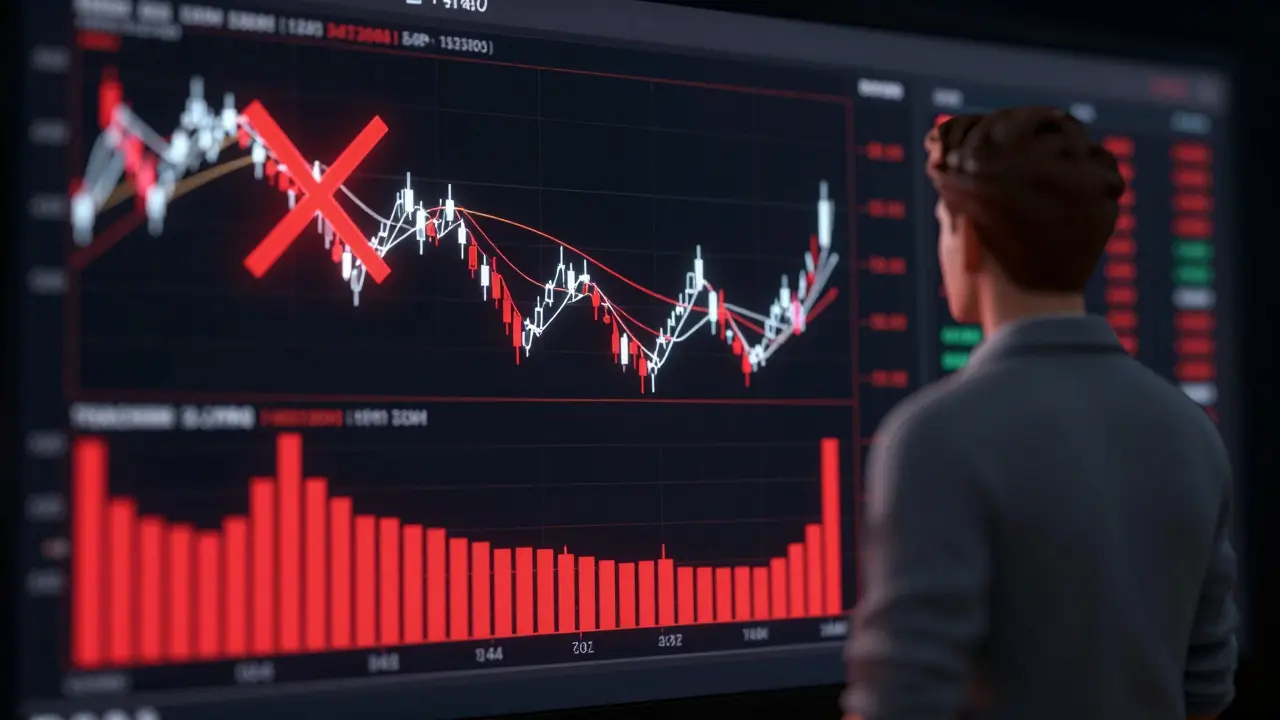 A Death Cross forming on a crypto chart with declining volume bars, visualized in low-poly geometric style.