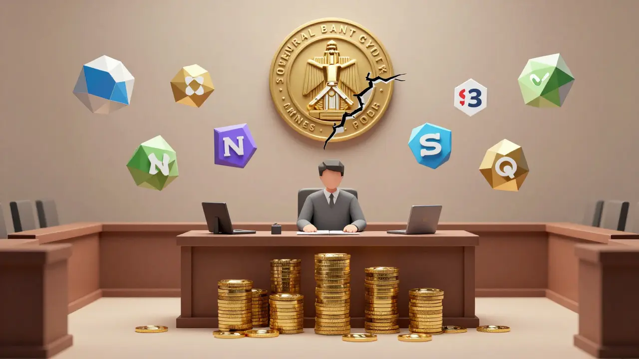 A defendant in a courtroom surrounded by banned crypto symbols, under a stern central bank seal.