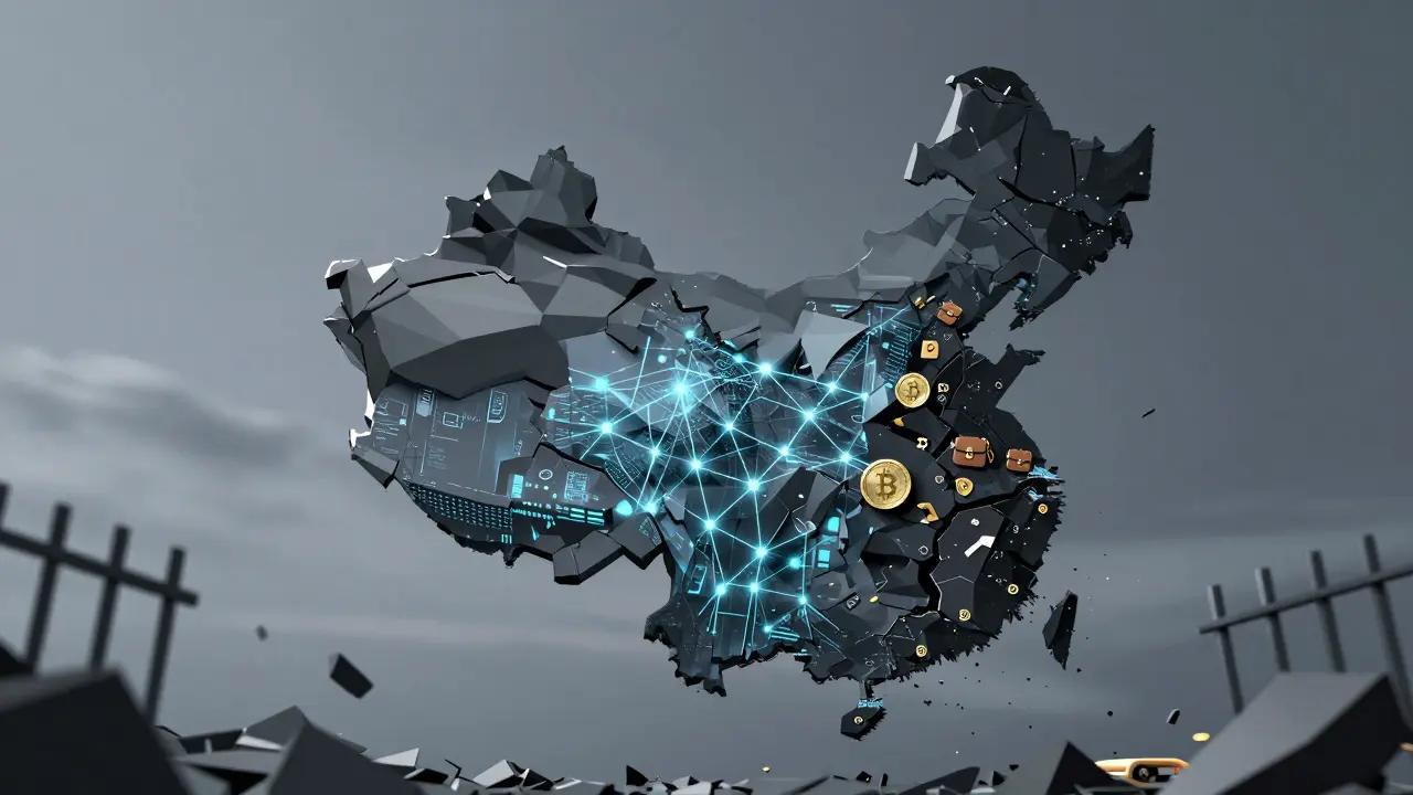 A fractured cube showing digital yuan on one side and crumbling crypto symbols with prison bars on the other.