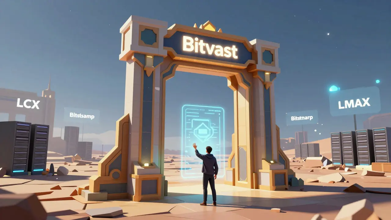 A glowing Bitvast gateway leading to a dead server wasteland, while other exchanges shine in the distance.