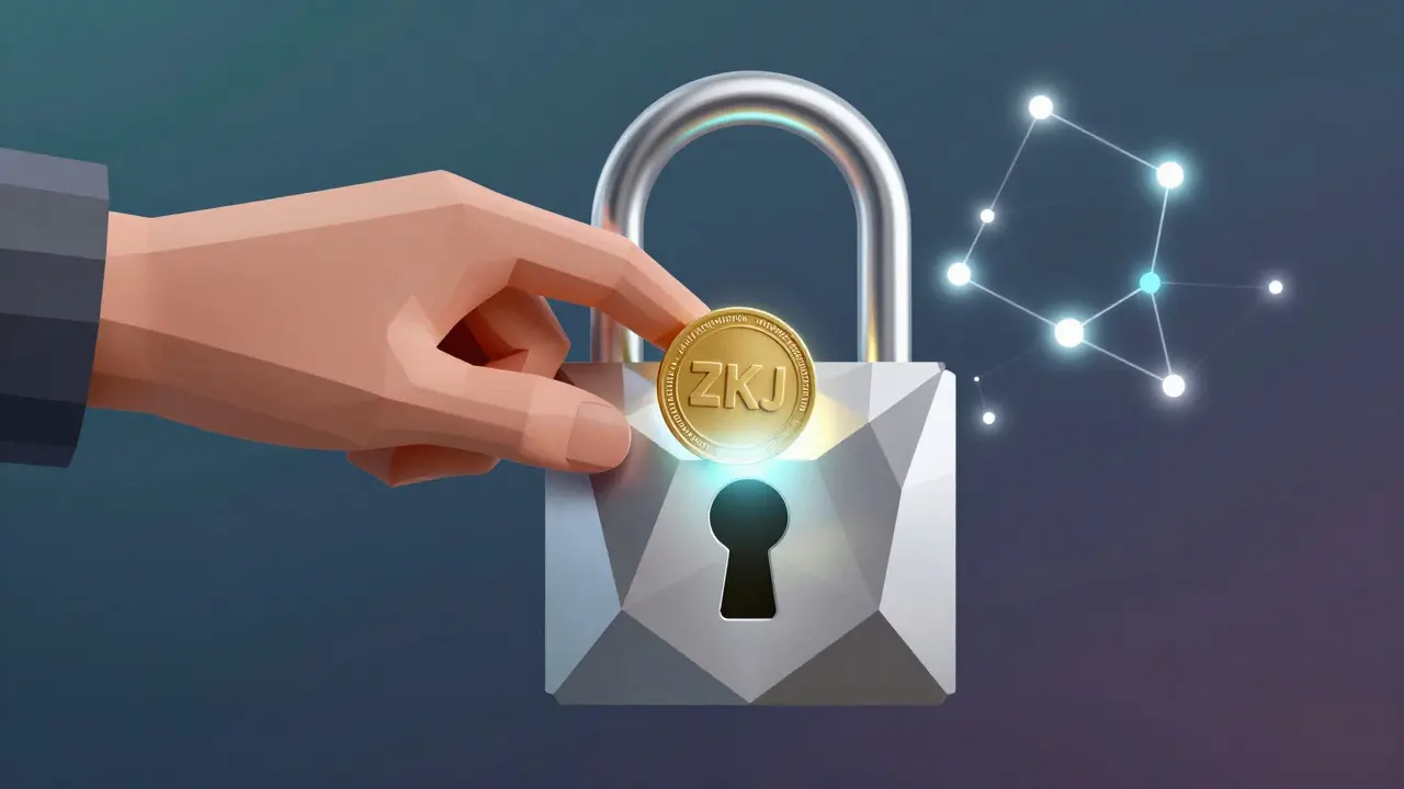 A hand placing a ZKJ token into a multi-faceted lock representing staking and governance