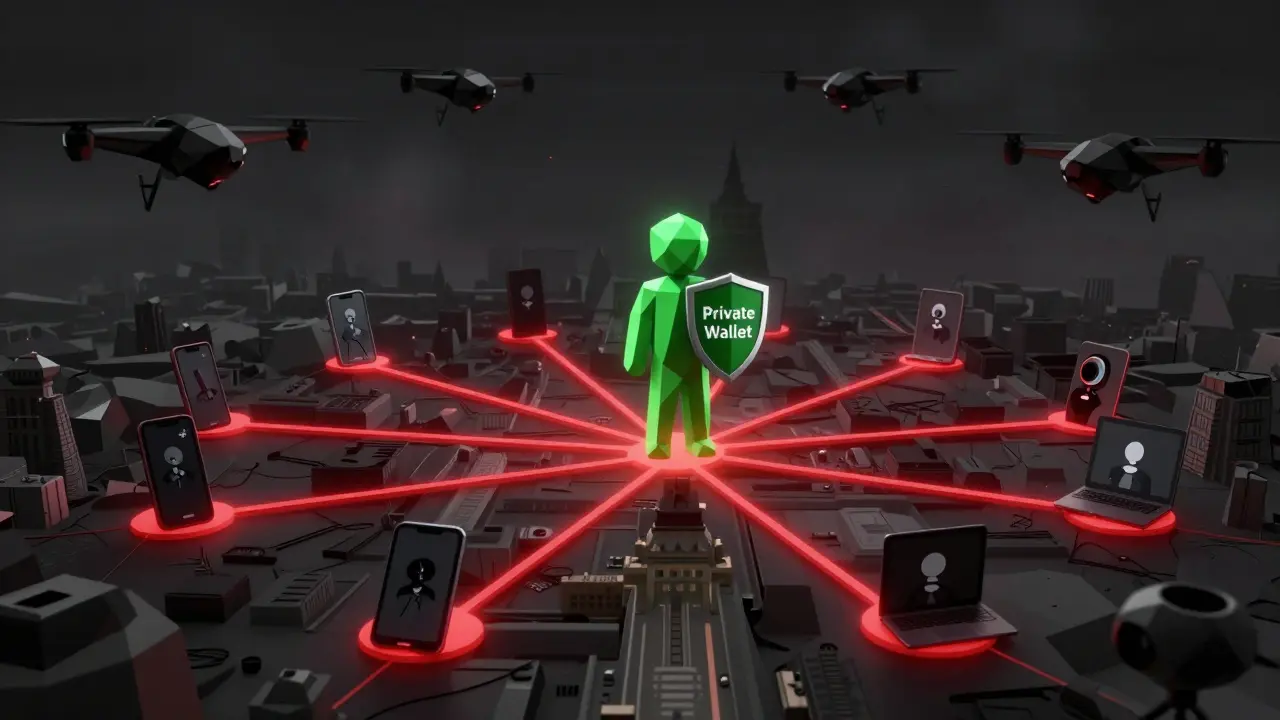 A lone figure with a private wallet shield stands isolated amid dark enforcement drones connecting Egyptian cities.