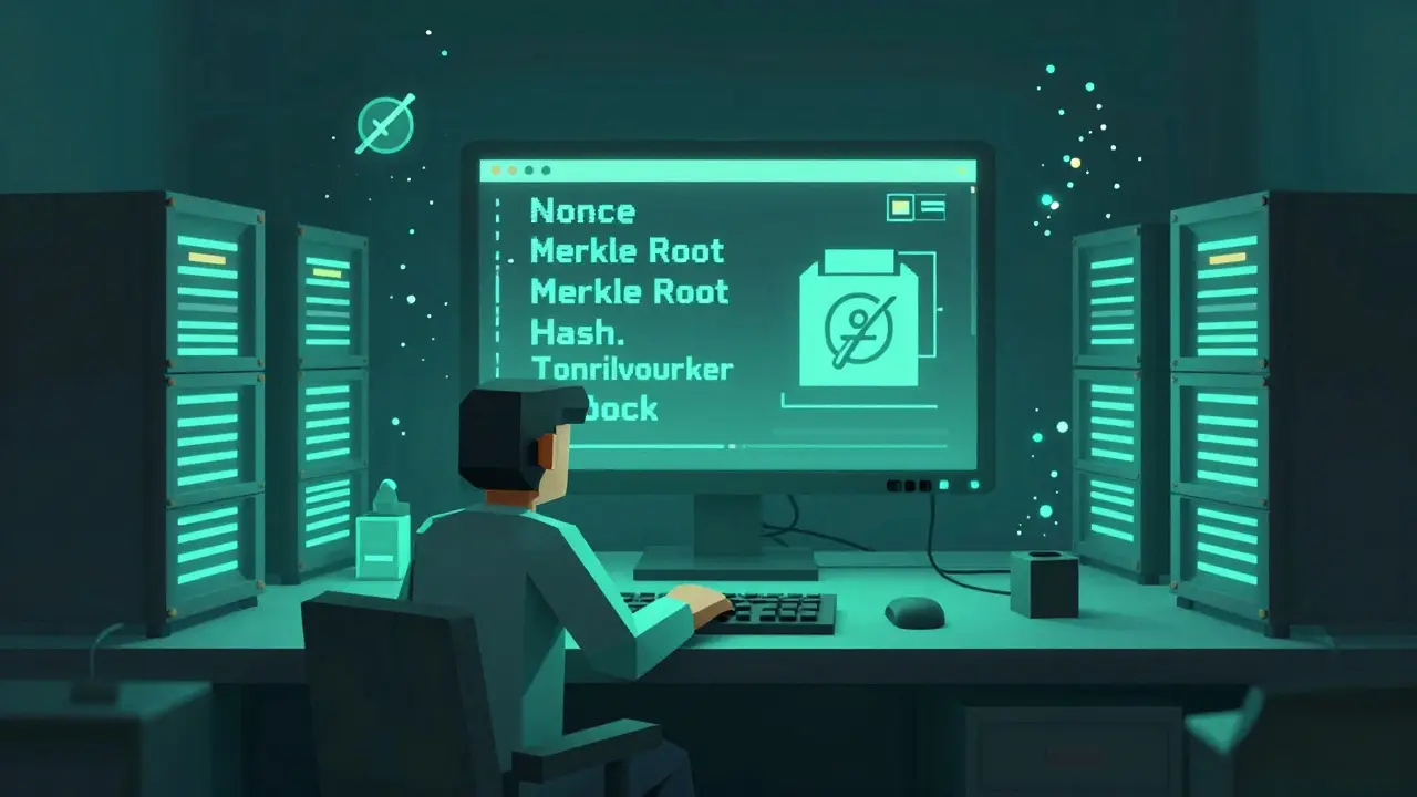 A miner's workstation with glowing servers and a block header displaying nonce, Merkle root, and transaction data in low-poly style.