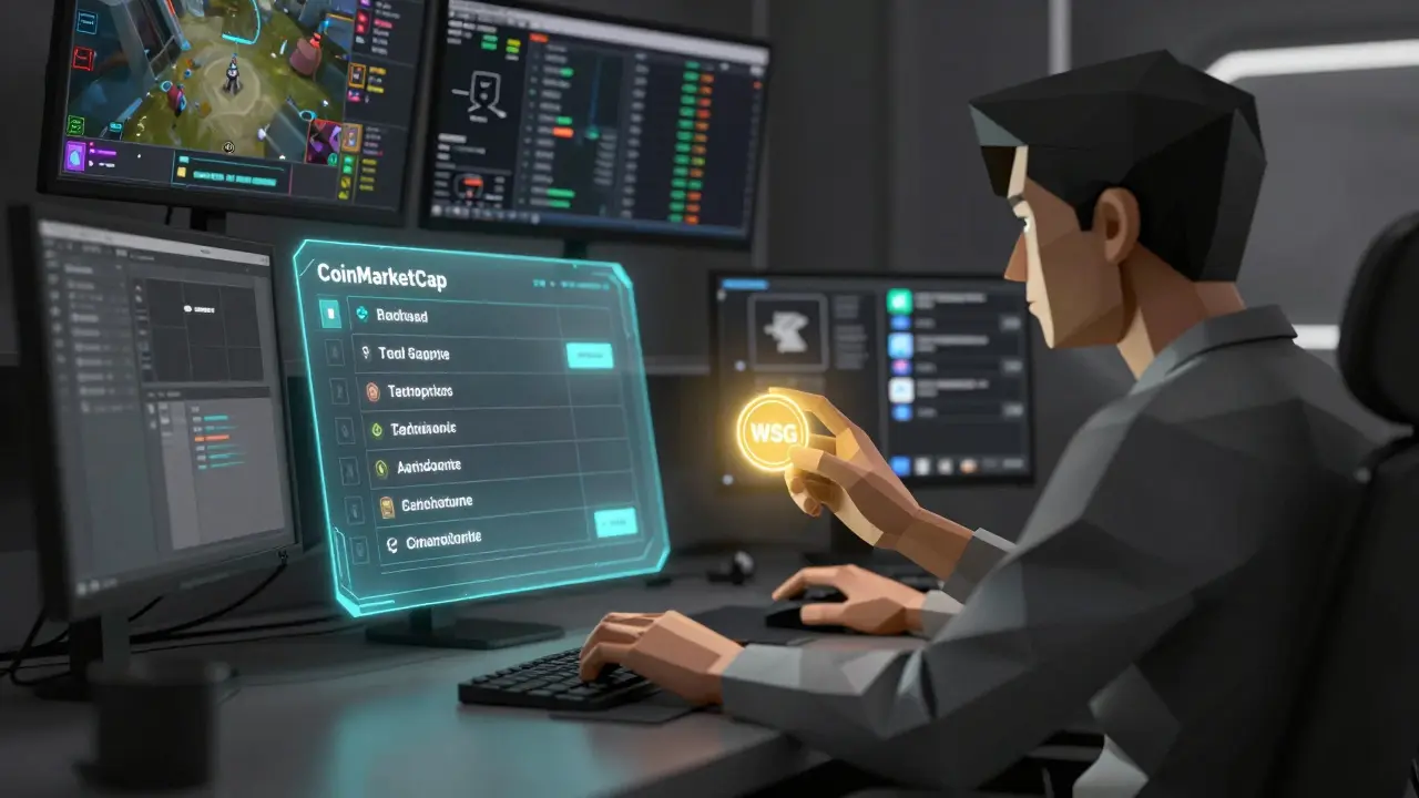 A person completing the WSG airdrop tasks on a holographic screen, a glowing token casting light in a dark room.