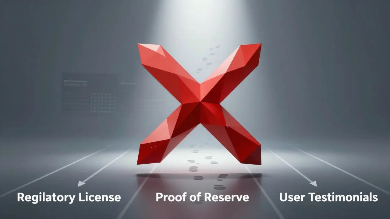 A red warning X over a blank wallet, with faded digital footprints leading into nothingness.