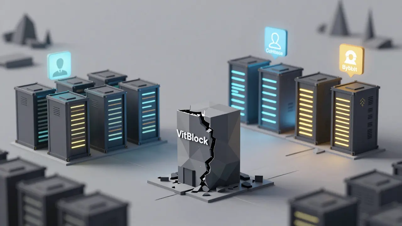 A solitary crumbling VitBlock building among thriving, lit-up crypto exchanges in a server landscape.