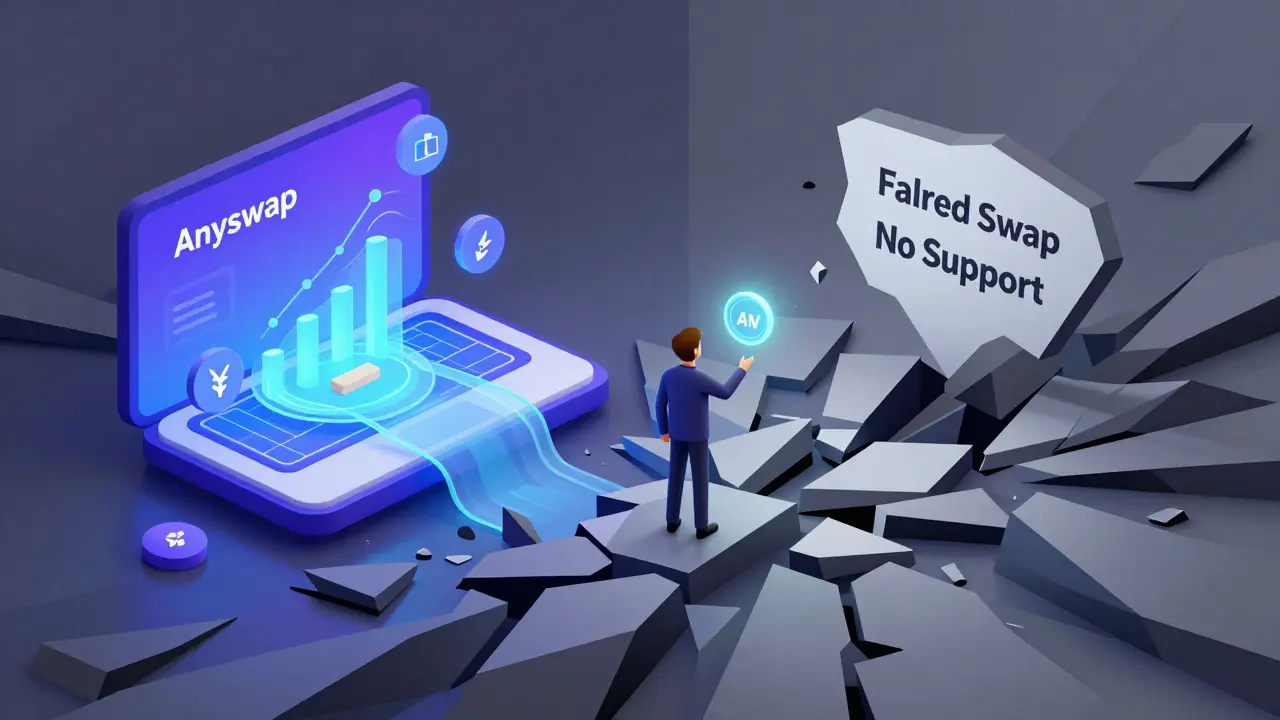 A user torn between a thriving Anyswap platform and a collapsed version labeled with failed transactions.