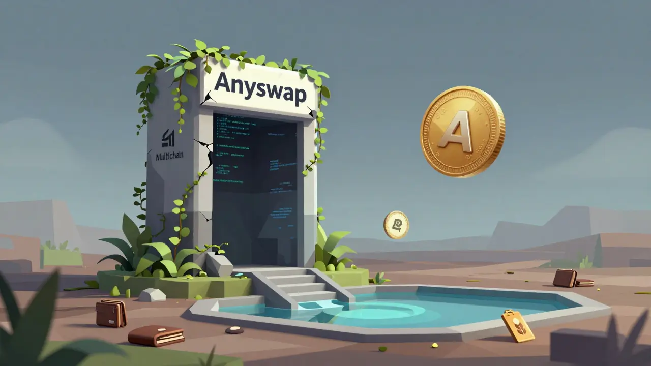 Abandoned Anyswap monument overtaken by code vines, with a lone ANY token spinning above an empty liquidity pool.